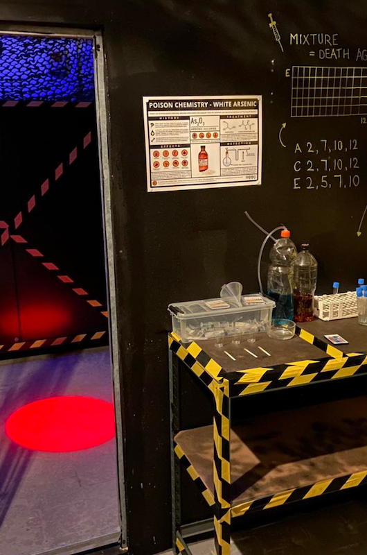 Et billede af et escaperoom med forskellige goder der skal løses